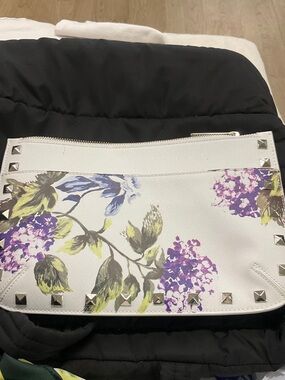 White House Black Market White Floral Studded Clutch with Purple and Green Print